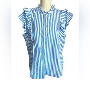 Blue and White Ruffled Mandarin Collar Blouse